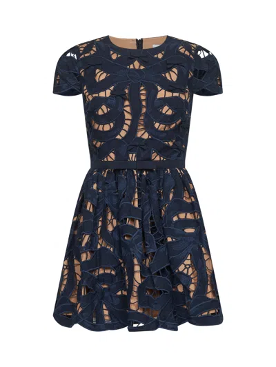 Self-portrait Blue Cotton Poplin Mini Dress With Bow Motif