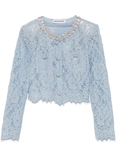 Self-portrait Cropped Lace Jacket Embellished Buttons In Blue