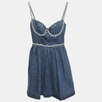 Pre-owned Self-portrait Blue Crystal Embellished Denim Sweetheart Neck Mini Dress S