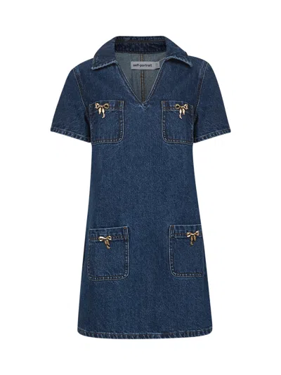 SELF-PORTRAIT BLUE DENIM GOLD BOW MINI DRESS