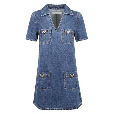 Self-portrait Blue Denim Mini Dress With Bow-embellished Pockets