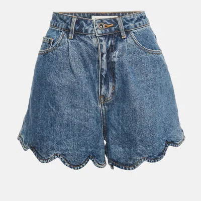 Pre-owned Self-portrait Blue Denim Scallop Hem Shorts S/waist 27"