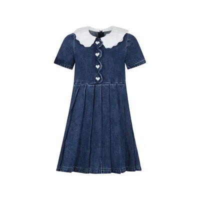 Self-portrait Kids' Blue Dress Forg Irl With Embroidered Lace In Denim