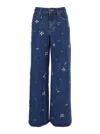 Self-portrait Wide-leg Cotton Jeans With Strass Floral Embellishments In Multi