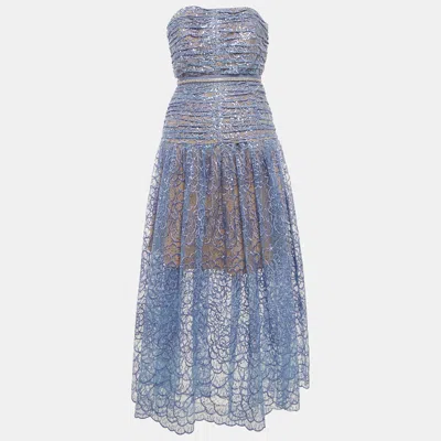 Pre-owned Self-portrait Blue Embroidered Sequin Strapless Midi Dress S