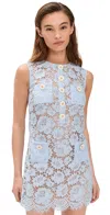 Self-portrait Blue Crewneck Mini Dress With All-over Lace Embroidery And Scallop Hem In Cotton Blend Woman In Blue