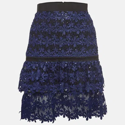Pre-owned Self-portrait Blue Floral Guipure Lace Sequin Embellished Tiered Skirt S In Navy Blue