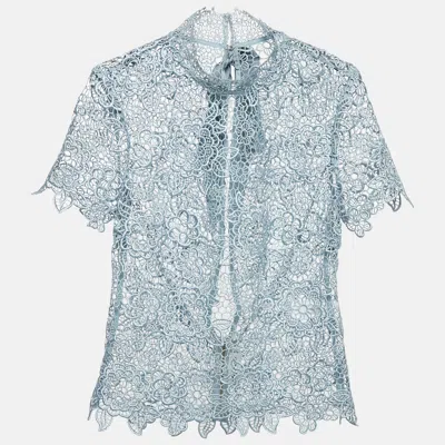 Pre-owned Self-portrait Blue Floral Lace Open Back Sheer Top M