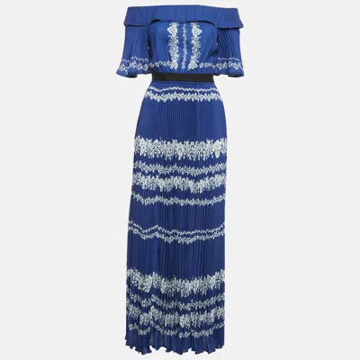 Pre-owned Self-portrait Blue Floral Print Satin Plisse Off-shoulder Maxi Dress S