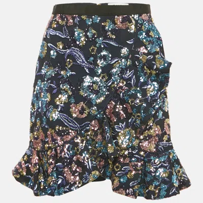 Pre-owned Self-portrait Blue Floral Sequin & Mesh Mini Skirt M