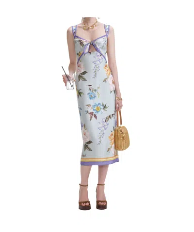 Self-portrait Blue Floral Silk Twill Midi Dress In White
