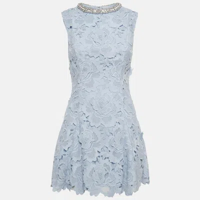 Pre-owned Self-portrait Blue Flower Lace Crystal Detail Mini Dress S