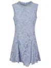 Self-portrait Bue Crewneck Mini Dress With Rhinestoned Collar And All-over Floral Lace Embroidery In Tech Fabric W In Blue