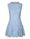 Self-portrait Bue Crewneck Mini Dress With Rhinestoned Collar And All-over Floral Lace Embroidery In Tech Fabric W In Blue