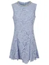 Self-portrait Bue Crewneck Mini Dress With Rhinestoned Collar And All-over Floral Lace Embroidery In Tech Fabric W In Blue