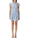Self-portrait Bue Crewneck Mini Dress With Rhinestoned Collar And All-over Floral Lace Embroidery In Tech Fabric W In Blue