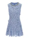 Self-portrait Bue Crewneck Mini Dress With Rhinestoned Collar And All-over Floral Lace Embroidery In Tech Fabric W In Light Blue