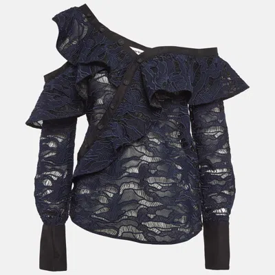 Pre-owned Self-portrait Self Portrait Blue Guipure Lace One-shoulder Top S In Navy Blue