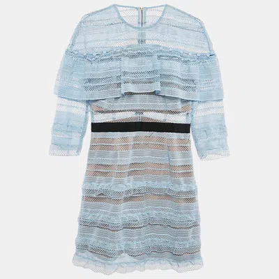 Pre-owned Self-portrait Blue Guipure Lace Ruffled Mini Dress M