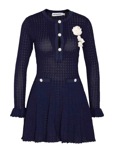 Self-portrait Blue Knit Crochet Flower Mini Dress