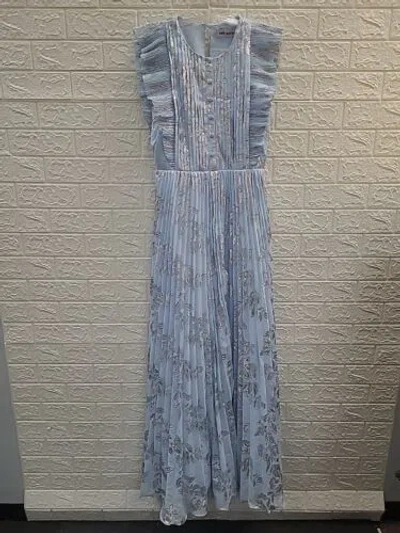 Pre-owned Self-portrait Self Portrait Blue Metallic Chiffon Maxi Dress Size 2
