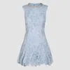 Self-portrait Bue Crewneck Mini Dress With Rhinestoned Collar And All-over Floral Lace Embroidery In Tech Fabric W