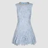 Self-portrait Bue Crewneck Mini Dress With Rhinestoned Collar And All-over Floral Lace Embroidery In Tech Fabric W