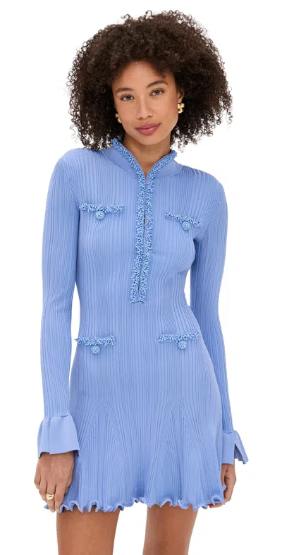 Self-portrait Faux Pearl-embellished Ribbed-knit Mini Dress In Blue