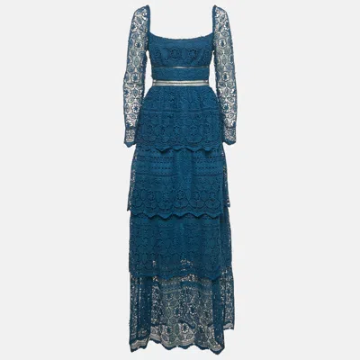 Pre-owned Self-portrait Blue Petrol Lace Guipure Tiered Maxi Dress S