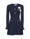 Self-portrait Perforated Knit Short Dress With Removable Lace Brooch In Blue