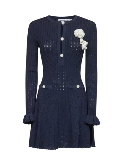 SELF-PORTRAIT BLUE POINTELLE KNIT CROCHET FLOWERS MINIDRESS