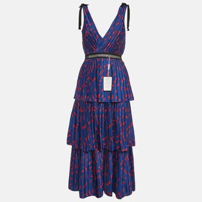 Pre-owned Self-portrait Blue Printed Plissé Satin Tiered Midi Dress S