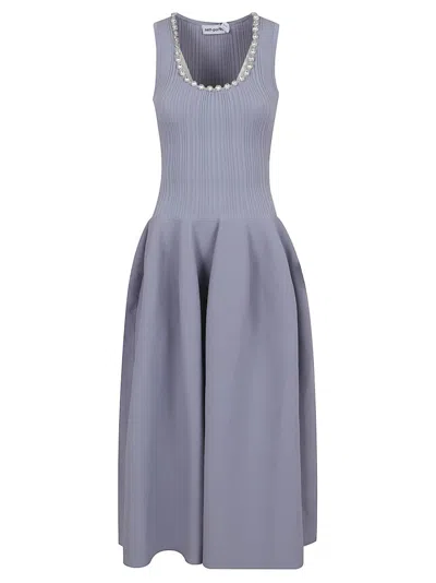 SELF-PORTRAIT SELF-PORTRAIT BLUE RIBBED KNIT DIAMANTE MIDI DRESS