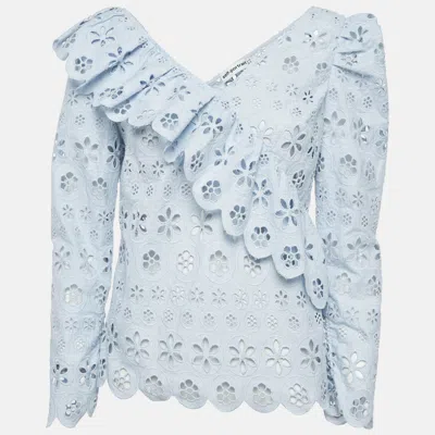 Pre-owned Self-portrait Blue Schiffli Lace Ruffled Broderie Anglaise Top M