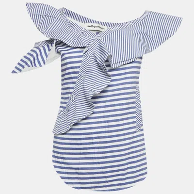 Pre-owned Self-portrait Blue Striped Cotton Asymmetric Top M