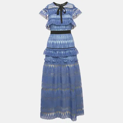 Pre-owned Self-portrait Blue Teardrop Guipure Lace Daphne Maxi Dress S