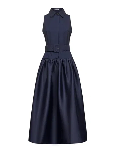Self-portrait Blue Twill And Taffeta Belted Midi Dress