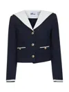 Self-portrait Belted Waist Short Jacket With Stripe Trim In Blue