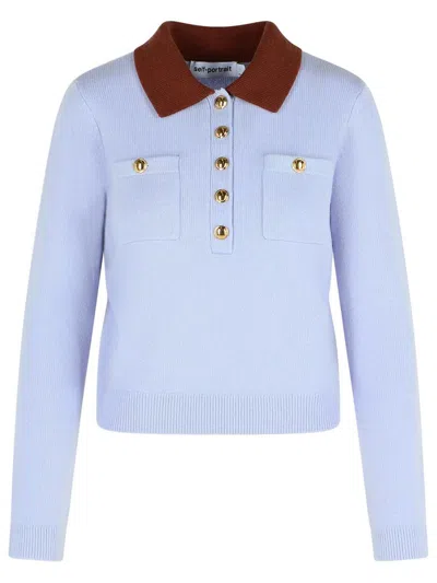 Self-portrait Two-tone Wool-blend Polo Shirt In Blue