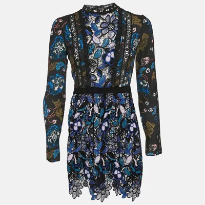 Pre-owned Self-portrait Blue/black Floral Print Chiffon And Lace Short Dress S