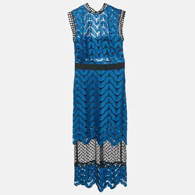 Pre-owned Self-portrait Blue/black Guipure Lace Paneled Midi Dress S