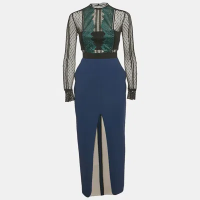 Pre-owned Self-portrait Blue/green Lace & Crepe Midi Dress M