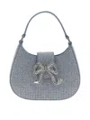 Self-portrait Denim Crescent Handbag With Decorative Bow And Rhinestones In Light Blue