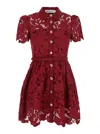 Self-portrait Bordeaux Mini Dress With All-over Lace Floral Embroidery And Pleated Skirt In Tech Fabric Woman In Red