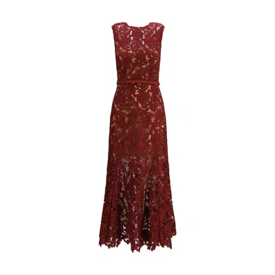 Self-portrait Fitted Guipure Lace Midi Dress With Removable Belt In Red