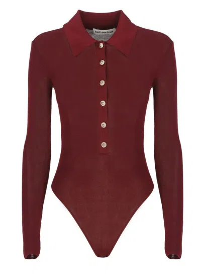 Self-portrait Bordeaux Viscose Bodysuit With Classic Collar In Brown