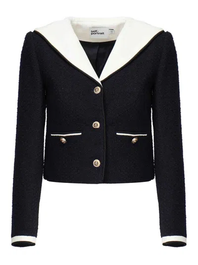 Self-portrait Boucl Jacket With Contrasting Collar In Blue