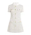 Self-portrait White Mini Dress With Jewel Buttons And All-over Check Motif In Tech Fabric Woman In White