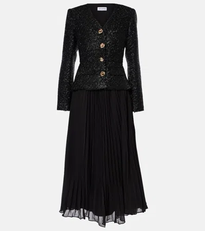 Self-portrait V-neck Peplum Dress Ribbed Texture In Black