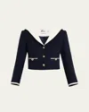 Self-portrait Belted Waist Short Jacket With Stripe Trim In Blue